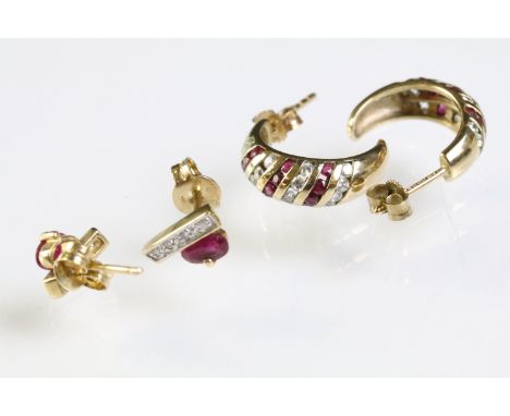 Two pairs of 9ct gold earrings to include a pair of ruby and diamond stud earring set with an oval cut ruby with a row of pav