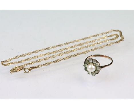 9ct gold fine rope twist necklace chain with spring ring clasp (hallmarked to clasp) together with a rose metal ring set with