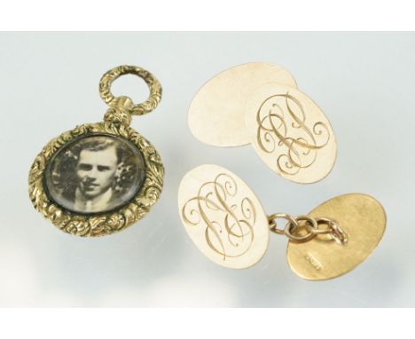 19th Century gold plated photo locket of round form being floral engraved and with an engine turned back together with a pair