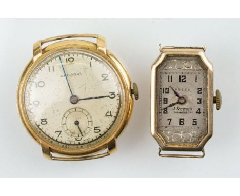 Art Deco Rolex 9ct gold wrist watch having a silvered dial with arabic numerals to the chapter ring, face marked J Stern Joha