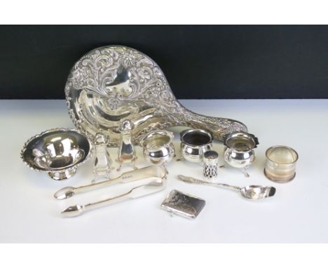 Collection of silver items to include a Mappin &amp; Webb footed dish (Sheffield 1931), hand mirror (28cm long), Victorian su