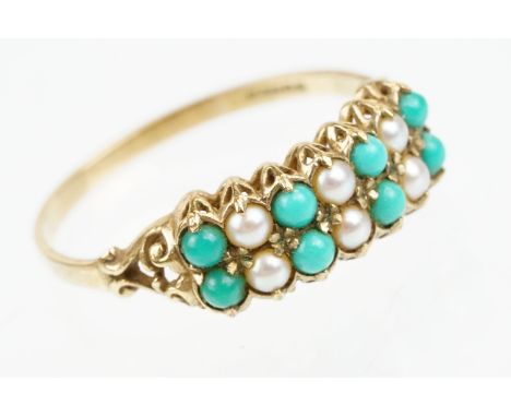 9ct gold hallmarked cultured pearl and turquoise ring being set with two rows of round pearl and turquoise cabochons. Hallmar