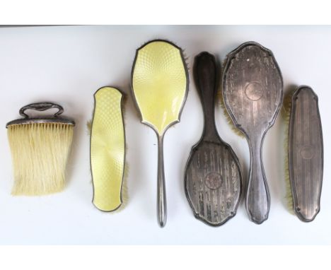 Collection of early 20th Century silver vanity dressing table items to include a yellow guilloche enamelled hair brush and cl