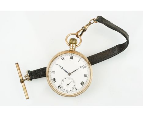 1930s 9ct gold open face pocket watch. The watch having a white enamelled face with roman numerals to the chapter ring and su