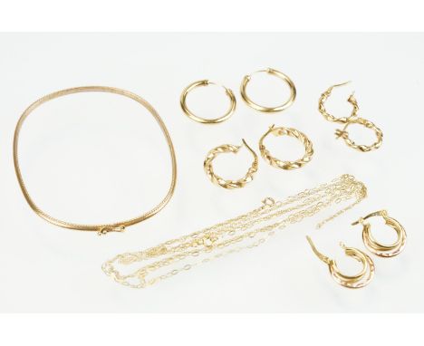 Four pairs of 9ct gold hoop earrings to include two twist design hoops, a pair of triple hoop earrings and a pair of tubular 
