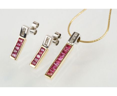 18ct two tone ruby and diamond set demi parure jewellery suite to include pendant channel set with ten trapeze cut rubies and