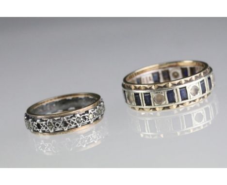 Two 20th Century eternity rings to include one 9ct gold example set with blue and white stones (hallmarked to band, size S), 