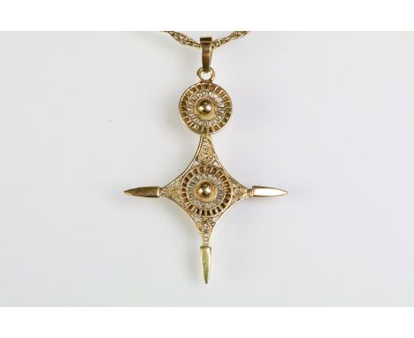 9ct gold rope twist necklace having a spring ring clasp (marked 9ct), together with a yellow metal filigree cross pendant. Ch