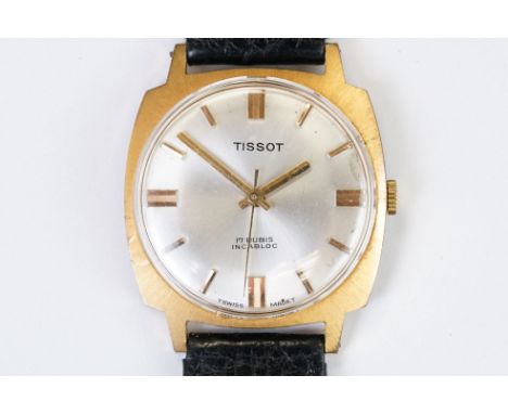 A Vintage gents Tissot mechanical manual winding 17 Jewel dress watch, baton markers with central second hand, gold plated ca