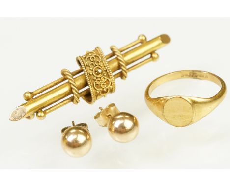 Victorian Etruscan revival 15ct gold bar brooch with scrolled wire work detailing (marked 15ct) together with a pair of 9ct g