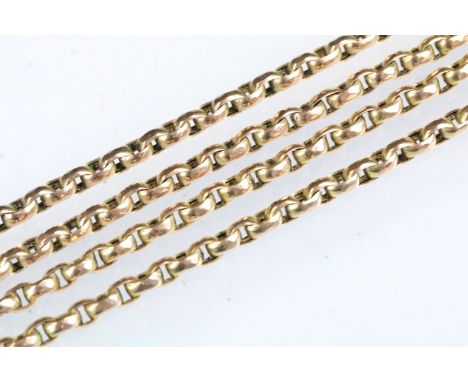 19th Century Victorian 15ct gold long guard muff chain having oval faceted links with a dog lead clasp. Marked 15ct to clasp.