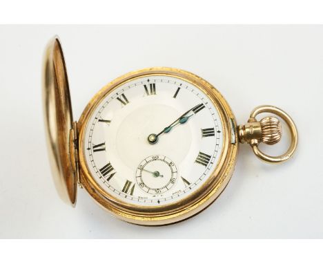 Early 20th Century 9ct gold full hunter pocket watch having a white enamelled dial with arabic numerals to the chapter ring a