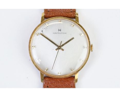 A Vintage gents Hamilton mechanical manual winding dress watch, baton markers with central second hand, gold plated case with