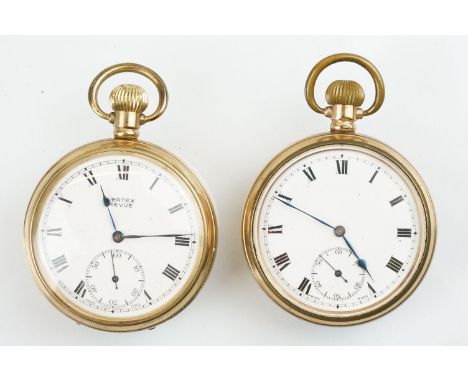 Two early 20th Century gold plated open face pocket watches to include one marked Vertex Revue. Each having round white dials
