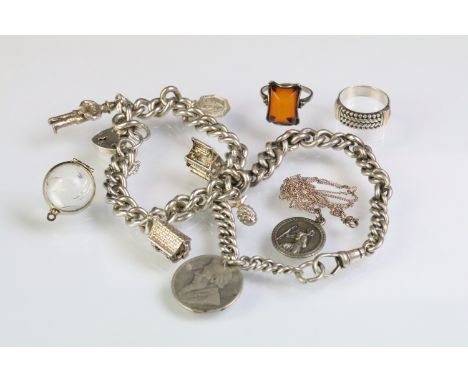 Collection of silver jewellery to include a silver charm bracelet with five charms (hallmarked Birmingham 1976), silver watch