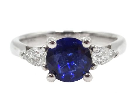 18ct white gold three stone round sapphire and pear shaped diamond ring, hallmarked, sapphire approx 1.55 carat