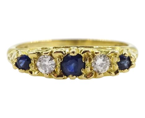 18ct gold five stone sapphire and diamond ring, with scroll detail to shoulders and gallery, London 1989