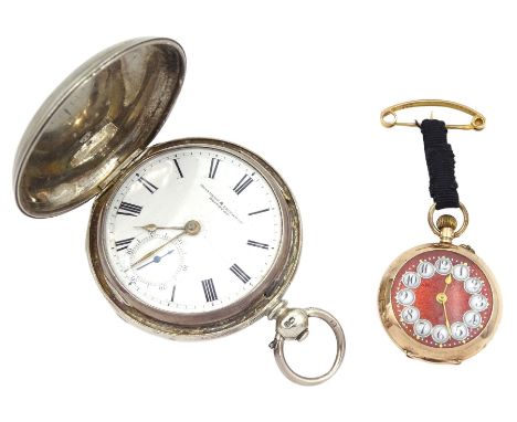 Early 20th century rose gold cylinder fob watch, red guilloche enamel dial with Arabic numerals, monogrammed back case, stamp