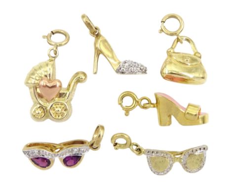 Six 9ct gold charms including two heeled shoes one set with diamond chips and one with pink enamel decoration, pram with rose