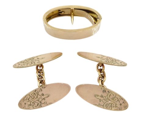 Pair of rose gold cufflinks with engraved decoration and rose gold scarf clip, both 9ct stamped