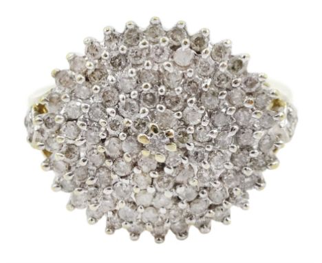 9ct gold diamond chip cluster ring, with diamond set shoulders, hallmarked, total diamond weight 1.00 carat