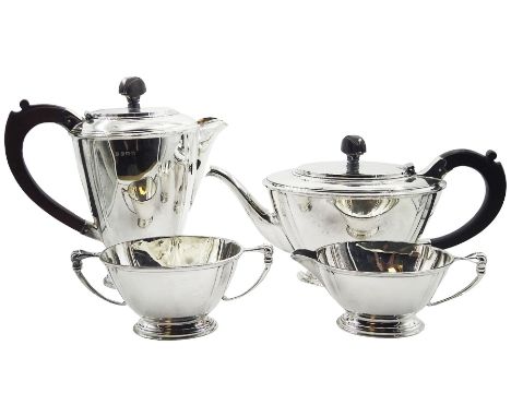 1930's four piece silver tea service, comprising teapot, hot water pot, twin handled open sucrier, and milk jug, each of plai