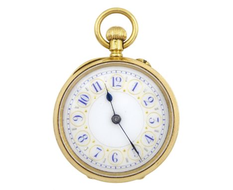 Swiss 18ct gold open face keyless cylinder fob watch, white enamel dial with Arabic numerals, back case No. 620122 with monog