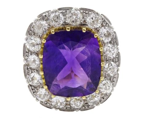 18ct gold radiant cut amethyst and old cut diamond cluster ring, hallmarked, amethyst approx 13.7mm x 12mm x depth of approx 