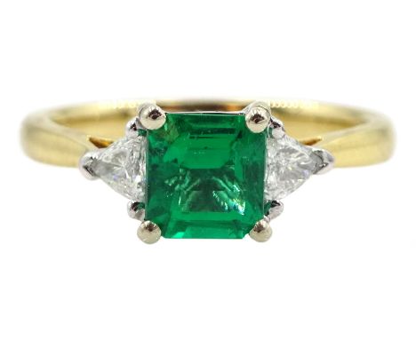 18ct gold three stone no oil emerald and trillion cut diamond ring, hallmarked, emerald approx 0.75 carat