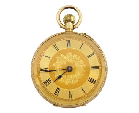 18ct gold open face ladies keyless cylinder pocket watch, gilt dial with Roman numerals, engine turned and engraved back case