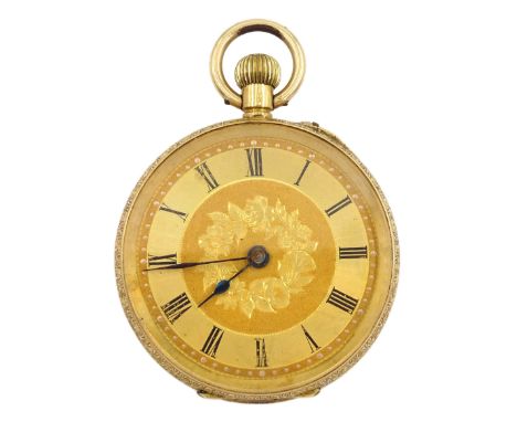 18ct gold open face ladies keyless cylinder pocket watch, gilt dial with Roman numerals, engine turned and engraved back case