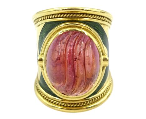 Elizabeth Gage 18ct gold tourmaline and diamond tapered Templar ring, the carved oval pink tourmaline cabochon with a round b