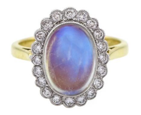 18ct gold milgrain set cabochon moonstone and diamond cluster ring, Edinburgh 2000