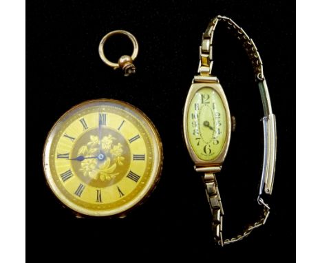 Gold open face ladies cylinder pocket watch, stamped 14K and 9ct gold ladies manual wind wristwatch, Chester 1931, on gilt st