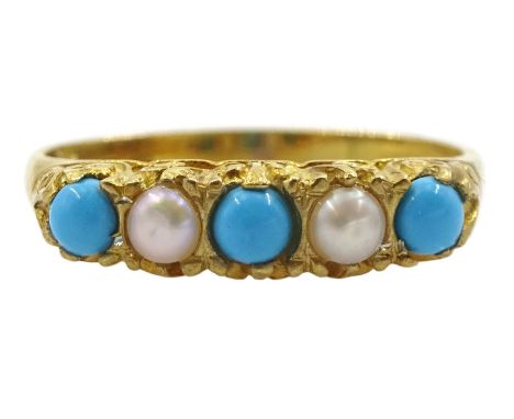 Silver-gilt five stone turquoise and pearl ring, stamped Sil