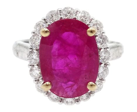 18ct white gold ruby and diamond cluster ring, stamped 750, ruby approx 3.75 carat, stamped 18K 750