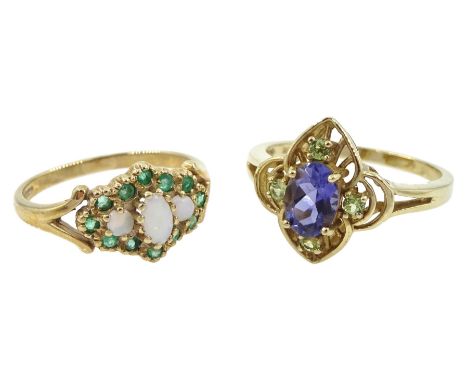 Gold three stone opal and emerald cluster ring and gold iolite and green stone open work design ring, both hallmarked 9ct