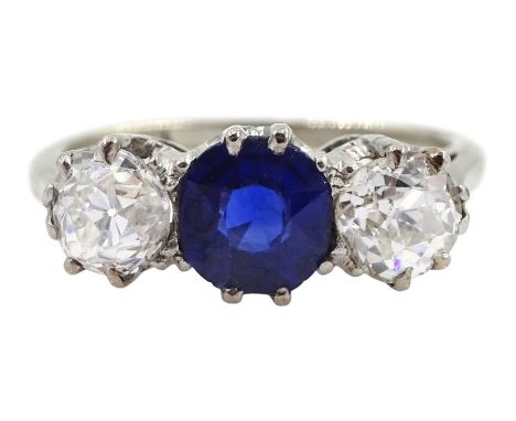 Early 20th century gold three stone old cut diamond and round sapphire ring, sapphire approx 0.60 carat, total diamond weight