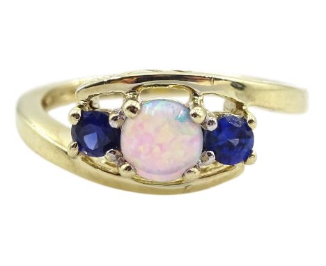 9ct gold opal and sapphire ring with 'love' gallery, hallmarked