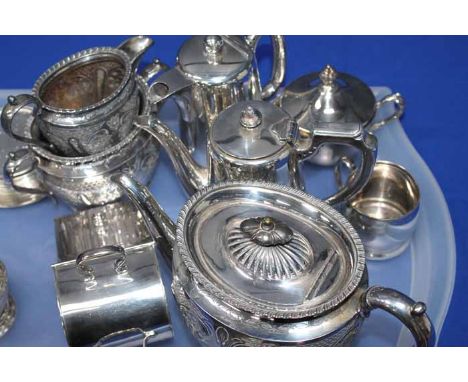 SILVER PLATED THREE PIECE TEA SERVICE, HOTEL PLATE, CASTER, COASTERS, ETC (1 TRAY) 