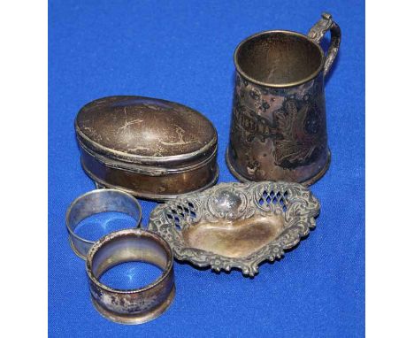 SELECTION OF SILVER AND PLATED ITEMS
including a silver trinket box, two silver napkin rings, a plated christening cup and a 
