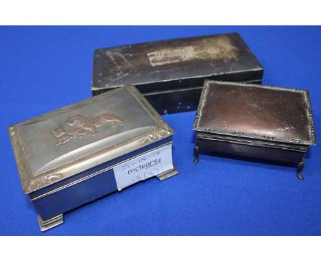 SILVER CIGARETTE BOX
together with a silver jewellery box and a silver plated trinket box emboossed with dogs, cigarette box 