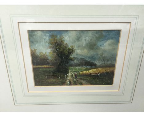 BRITISH SCHOOL (19TH CENTURY)
THE OLD FARM TRACK
oil on board, signed R. Morris (?)
12cm x 17cm CONDITION REPORT: Mounted, fr