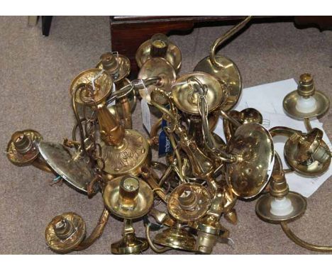 LOT OF BRASS CHANDELIERS AND LIGHT FITTINGS
including an eight branch chandelier, a pair of three branch chandelier, and two 