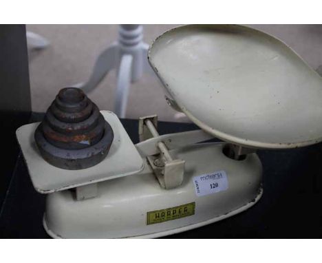 VINTAGE HARPER ENAMEL SET OF KITCHEN SCALES
together with a cast iron set of weights
