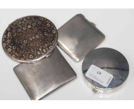 SILVER ENGINE TURNED CIGARETTE CASE
along with a similar compact, a silver double mirrored compact and a snake skin compact (