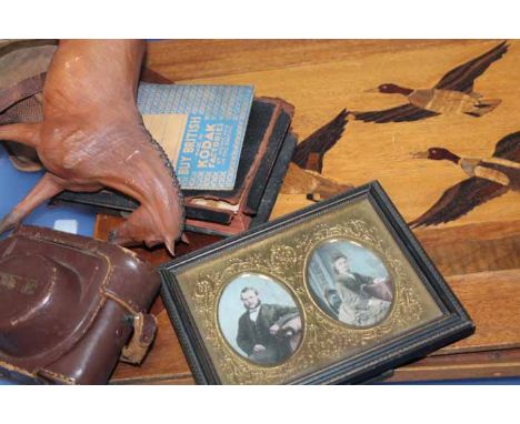 LOT OF MIXED COLLECTABLES AND CAMERAS
including two cameras, a framed Victorian photograph, a model of a horse, unframed Berl