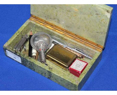 1950s MARBLE BOX CONTAINING COLLECTABLES
comprising badges, including WVS Civil Defence, Royal Army Service Corps, etc; toget
