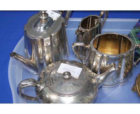 SILVER PLATED THREE PIECE TEA SERVICE, PLATED POT, FOUR HORN NAPKIN RINGS AND A TEA POT STAND 