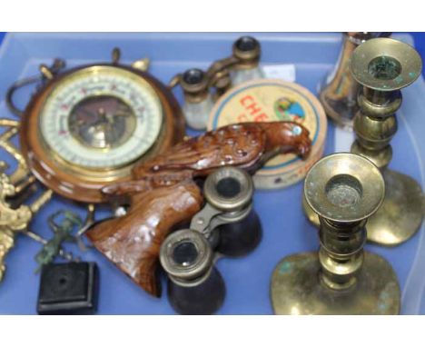 SELECTION OF COLLECTABLES
including two pairs of opera glasses, a barometer, a brass easel, pair of brass candlesticks, a sta